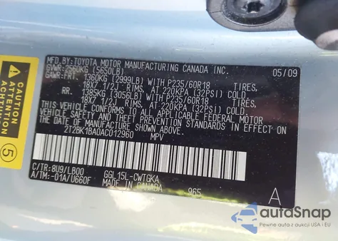 2010 Lexus Rx 350 z USA, uszkodzony, nr VIN 2T2BK1BA0AC012960